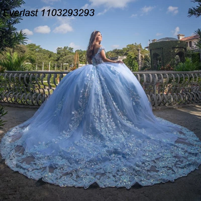 Evlast prispôsobený mexickú oblohu Blue Quinceanera šaty guľôčkové šaty čipkované korálky Korzet Sweet 16 Vestido de 15 Anos E1Q52
