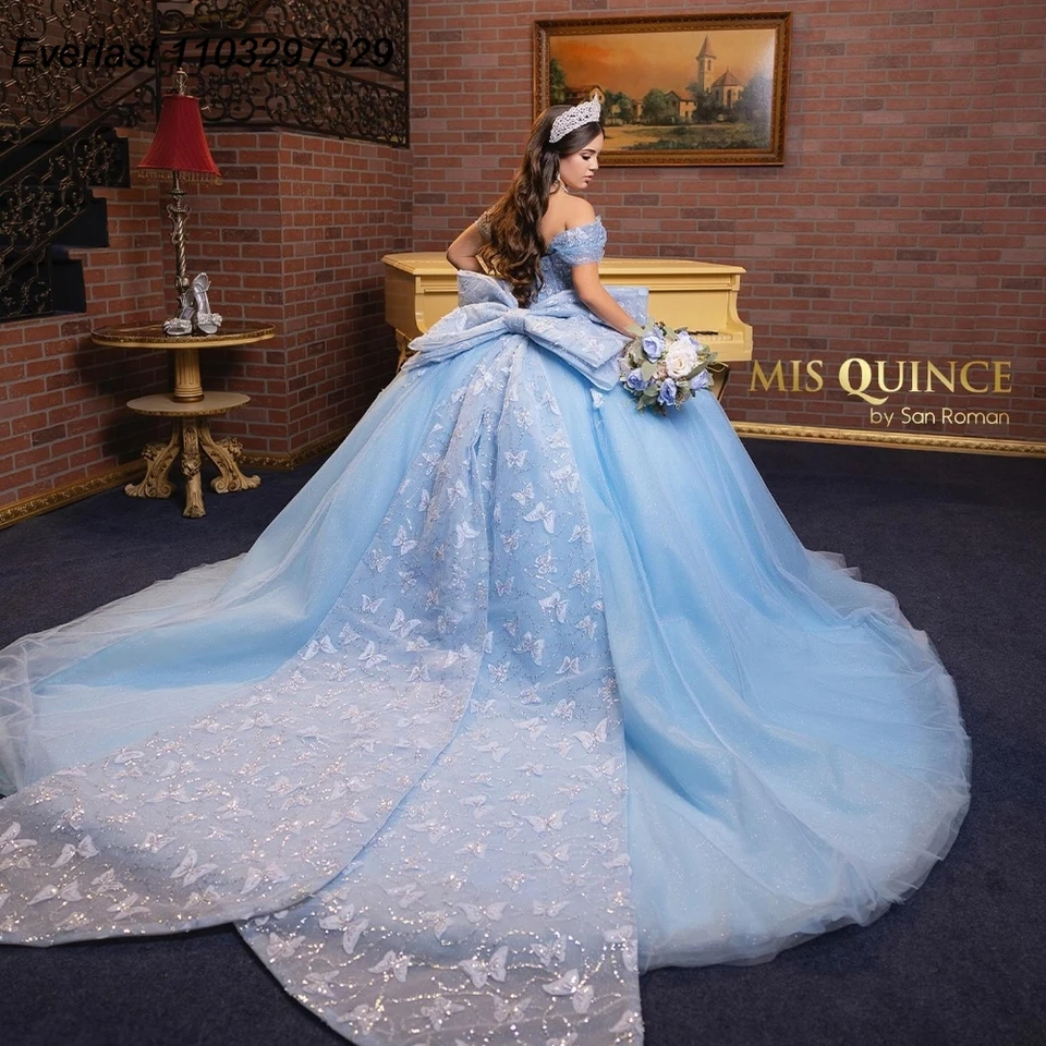 Evlast prispôsobený oblohe modrá quinceanera šaty guľôčkové šaty Butterfly Applique Beading Bow Sweet 16 Vestido de 15 Anos QD1196
