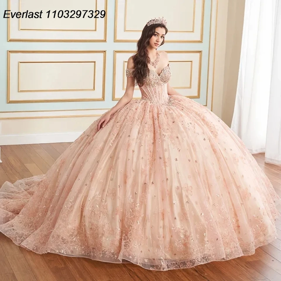 Evlast prispôsobený ružový quinceanera šaty guľôčkové šaty čipky s korálkami mexický korzet sladký 16 Vestidos de 15 Anos TQD850