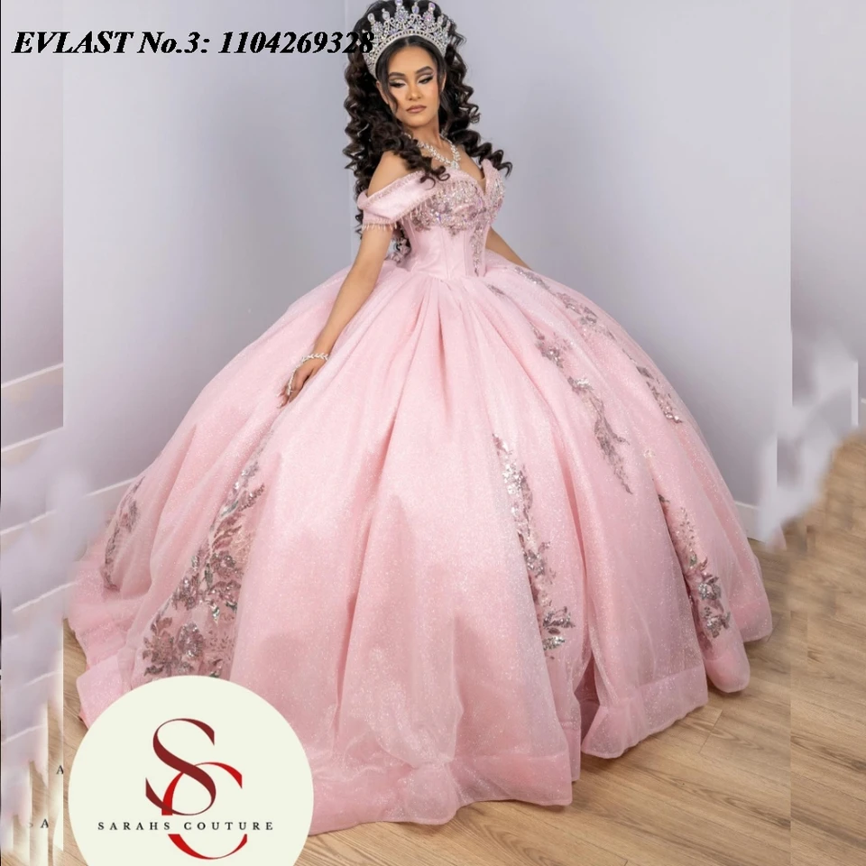 Evlast Prispôsobený trblietavý ružový quinceanera šaty guľôčkové šaty kvetinové aplikácie korálky korzet sladký 16 Vestido de 15 Anos E3Q488