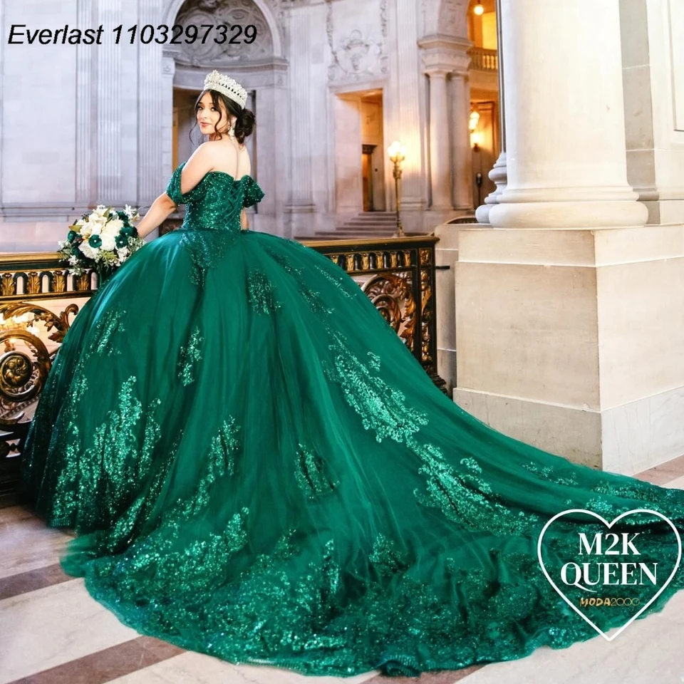 Evlast prispôsobený zelený quinceanera šaty loptičky lesklé čipky s korálkovým mexickým korzetom sladké 16 Vestidos de 15 Anos TQD791