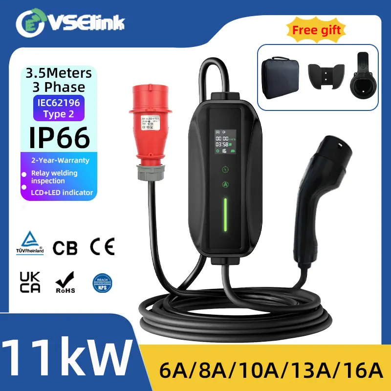EVSELINK 11KW 16A Prenosná nabíjačka EV Typ 2 IP66 3,5 kW 7 kW pre elektrický automobilový prúd nastaviteľný 3,5/5 metre s prílohou