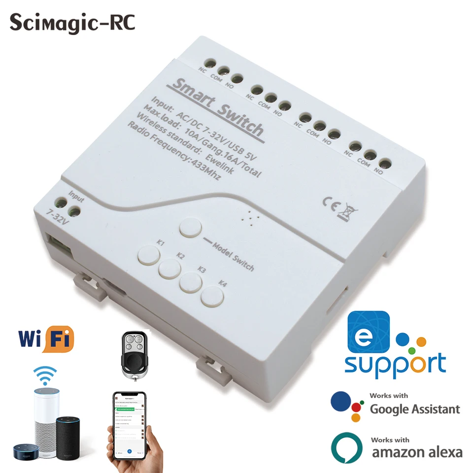 Ewelink 4 Channel Smart WiFi Wifi Wireless Dry Contact Relay prepínač, diaľkové ovládanie aplikácií, pracuje s Alexa Google Home