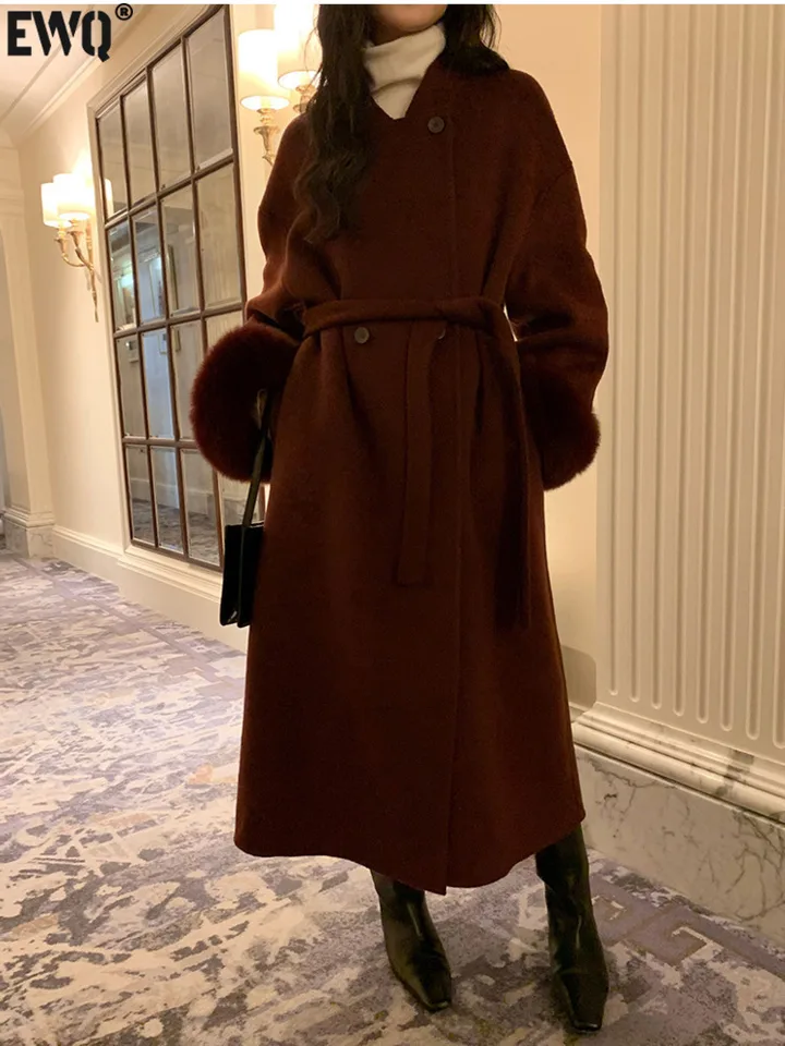[EWQ] Elegantné burgundské kabáty kašmírové kašmíry s dlhým rukávom True Fox Fox Fur Brown Woat Coat Autumn Jar