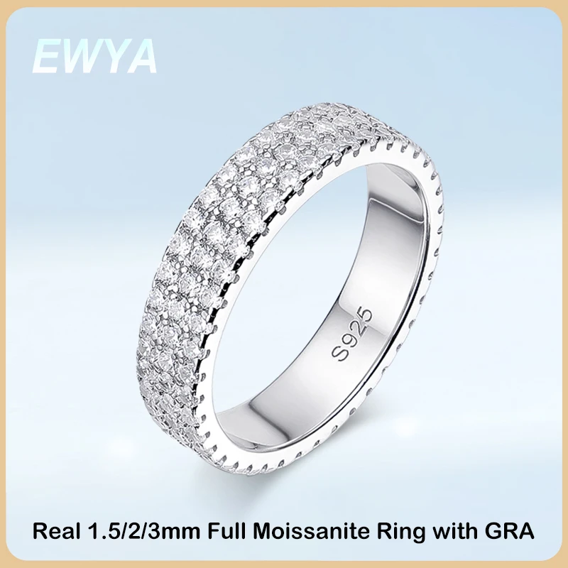Ewya Luxus 1,5/2/3 mm plný moissanitový prsteň pre ženy Men S925 Striebro pokovované 18k Diamantové stohovateľné krúžky večnosť svadobná skupina