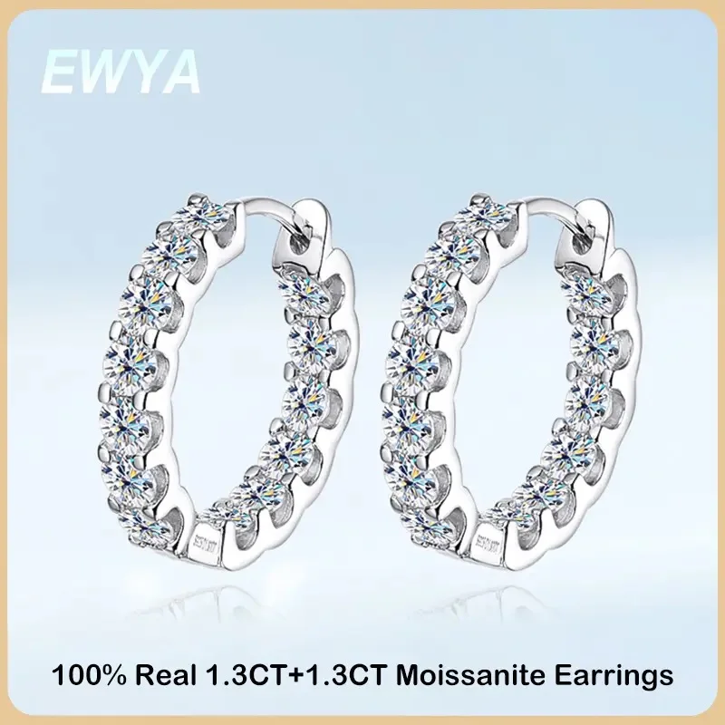 Ewya Luxusné náušnice Moissanite Hoop 2,6 Carat D farba S925 Sterling Silver náušnice pre ženy Party vianočný šperk vianočný darček