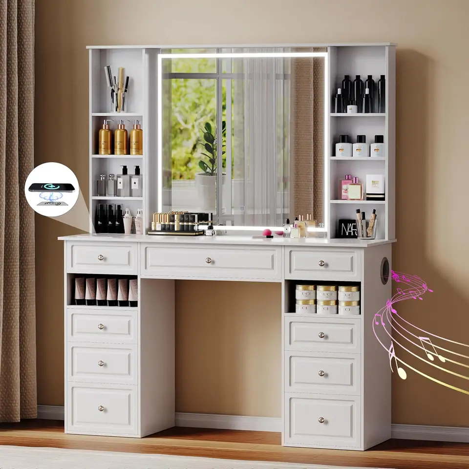 Extra veľký márnosť stola so osvetleným zrkadlom, 47 '' obrovský stolík na make -up márnosti s 9 zásuvkami, gombíky s kryštálmi, Bluetooth