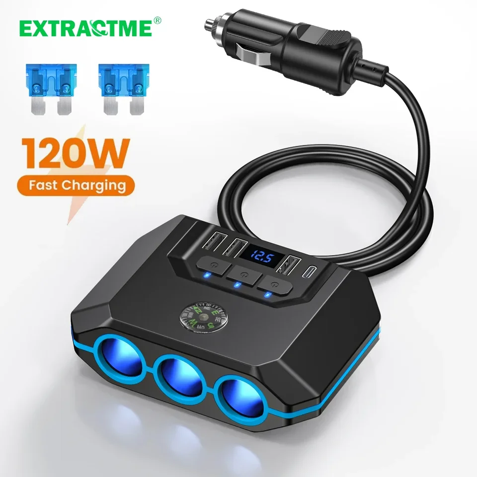 Extrakcia 120W 7in1 CAR nabíjačka Plug Adapter PD 3 Socket Charger Nezávislé prepínače 12/24 V Power Outlet pre iPhone GPS DashCam