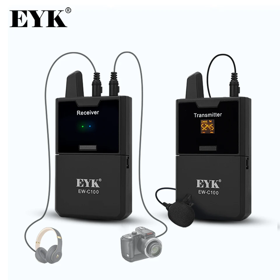 EYK EW-C100 Camera Mic Wireless Lavalier Microfón s monitorovou funkciou bezdrôtového mikrofónu UHF pre smartfóny DSLR fotoaparáty