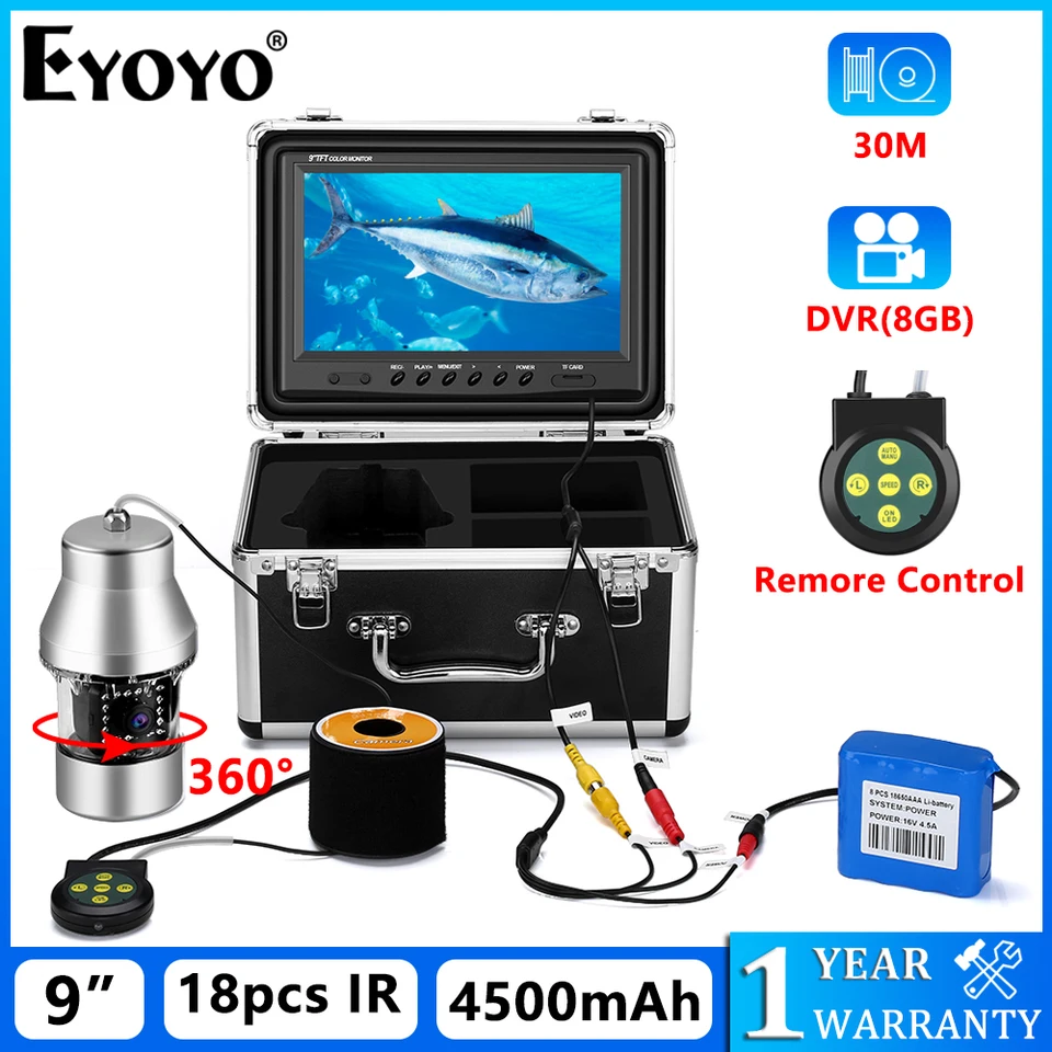 Eyoyo 9 palcová pod vodou rybárska súprava s fotoaparátom DVR s funkciou DVR 360 ° horizontálna rotačná kamera 1000TVL diaľkové ovládanie IR svetlo