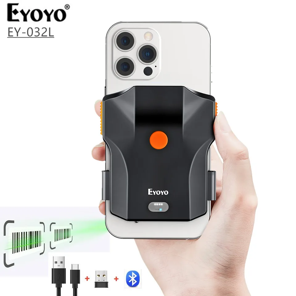 Eyoyo Barcode Scanner 2d Bluetooth zadná svorka vreckového počítača 1D QR Scanner 2.4G Čítač bezdrôtového čiarového kódu pre iPhone, Android, iOS