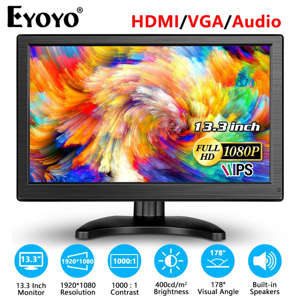 Eyoyo EM13H 13,3 palca HDMI Externý monitor 1920x1080 16: 9 LCD VGA Display s reproduktorom pre počítačový počítač CCTV počítač CCTV