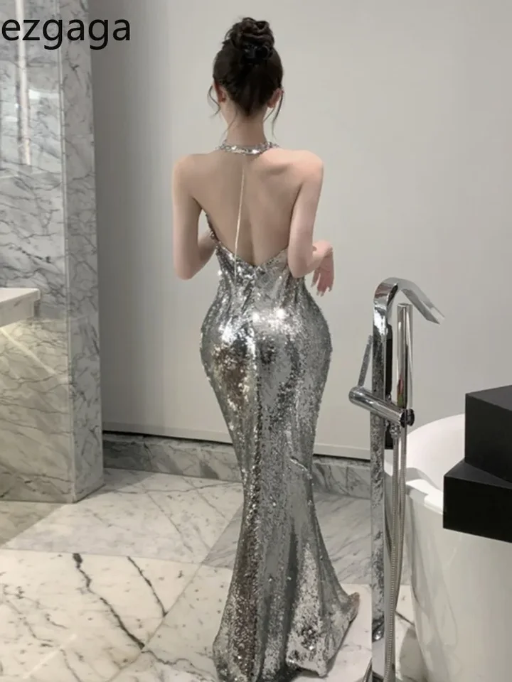 Ezgaga bez rukávov, bez rukávov, sa šaty Žena, ktorý je spätný výkyvný golier bling morská panna, šaty sexy dámy elegantný temperament