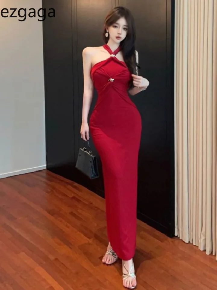 Ezgaga Temperament Dayses Women Sexy bez rukávov Halter Slim Vintage Elegantné párty šaty backless letna móda žena