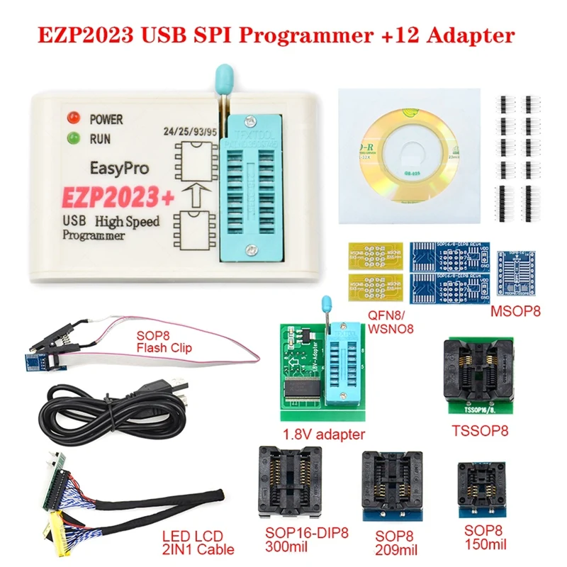 EZP2023+ vysokorýchlostný programátor SPI Flash Full Set+ 12 Adaptérov podpora 24/25/93/95 EEPROM BIOS 25T80 Burning Offline Copy