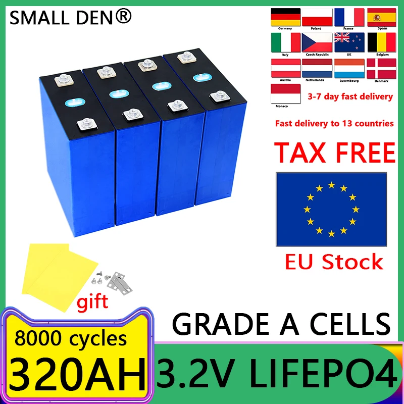 EÚ Stock 320AH 8000 Cyklus LifePo4 3,2 V Nabíjateľná batéria, vhodná pre DIY 12V 24 V Caravan Marine Solar Energy System No Daň