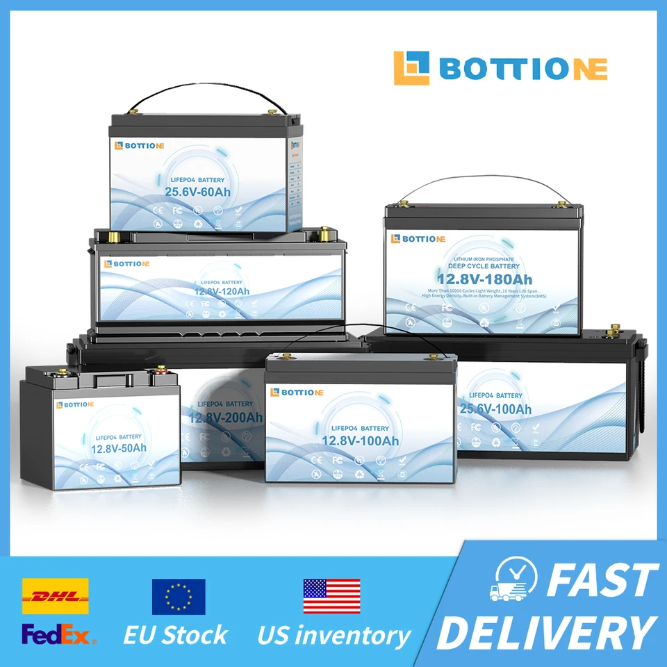 EÚ US Daň bezplatná Bottione Nová batéria hlbokého cyklu 12,8 V 50AH 100AH ​​120AH 200AH 200 ALIFEPO4 batéria pre RV Campers Marine Trolling Motor