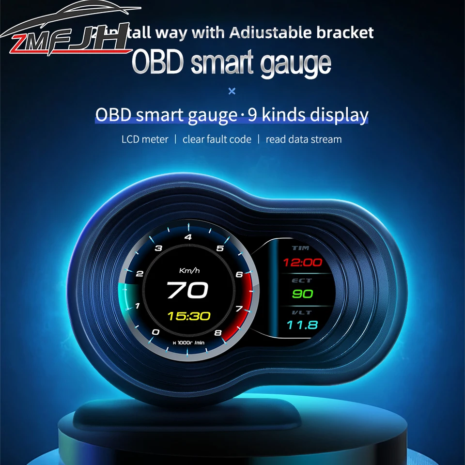 F9 OBD hlava nahor Displej Smart Grase Speed ​​Clock Clock ORPM RPM napätie voda Temp paliva spotreba paliva Digitálny rýchlomer DIGRATION LCD Meter