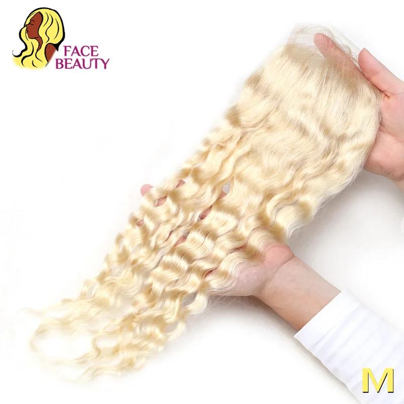 FaceBeauty 613 Blonde brazílske zatvorenie hlbokých vĺn Bielené uzly 14 - 22 palcov 4x4 Remy Lace Free Stredná časť ľudské zatváranie vlasov