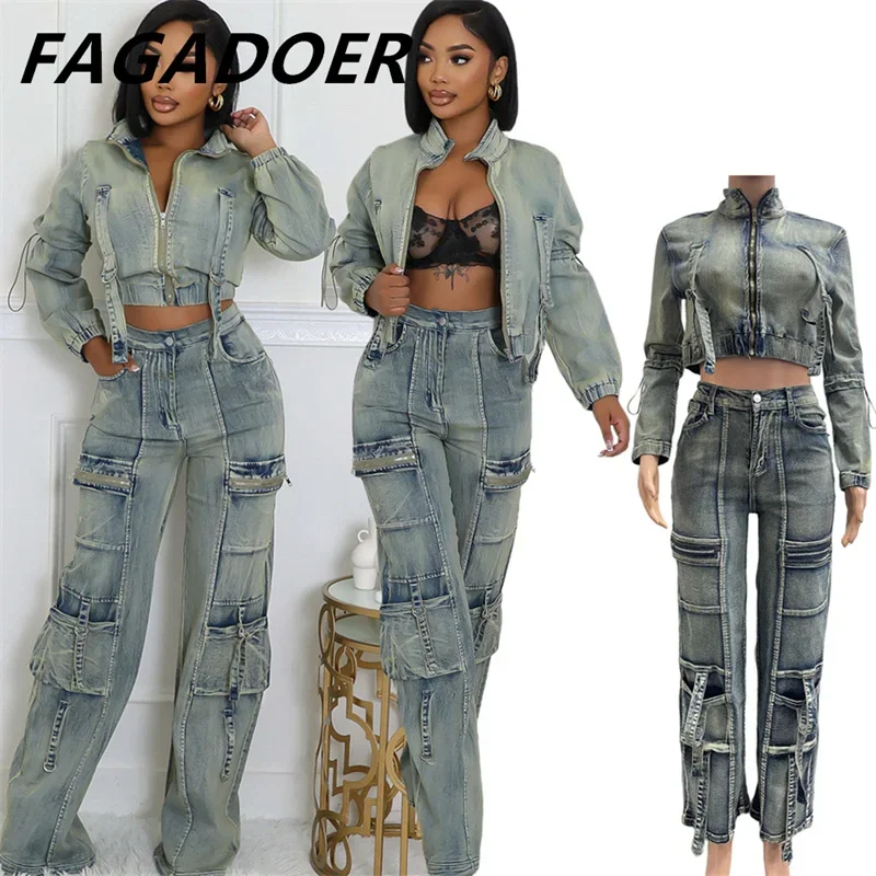 Fagadoer retro denim 2 kusové súpravy žien outfit módne zips pružné štíhle bundy a vreckové džínsy obleky Y2K Streetwear