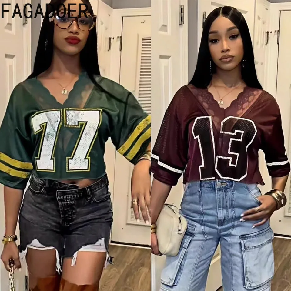 Fagadoer Sexy Lace Patchwork BasketAbll Tshirt Dámsky list tlač Vyslové sieťové pleti