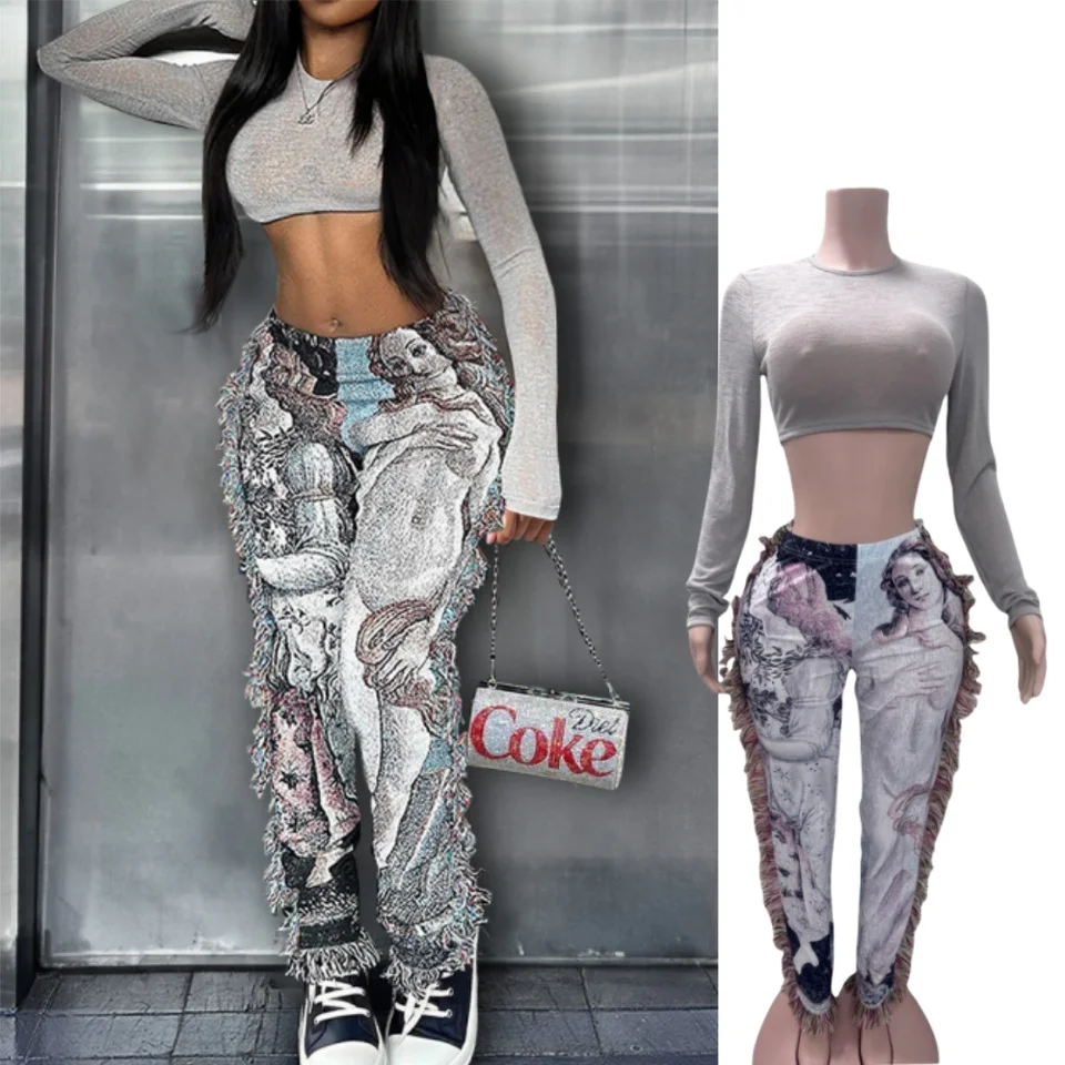 Fagadoer Vintage Print Tassels Patchwork Dva kusové súprava pre ženy Tričká s dlhým rukávom + tlačené nohavice obleky Streetwear New
