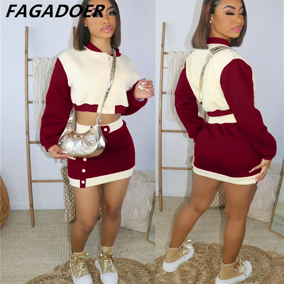 Fagadoer Winter Fall Outfits Women Patchwork Baseball Coat + Mini sukne súpravy 2 kusy súprav