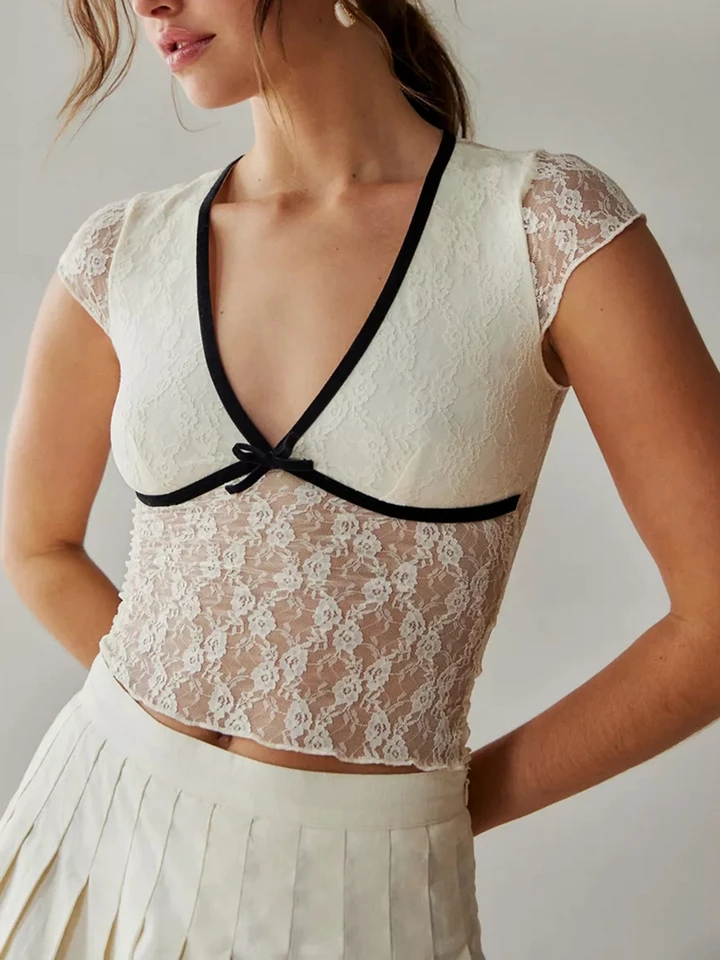 Fairycore Cottage Lace Lace Floral Crop Tops Women Krátky rukáv Slim Fit Tees Y2K Vintage V Neck