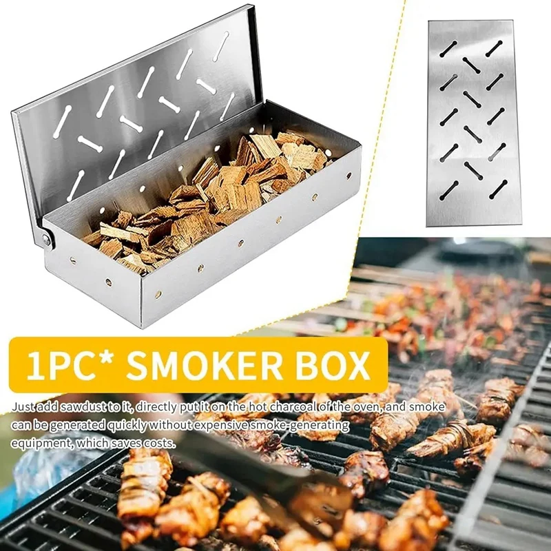 Fajčiarsky box BBQ Smoker Box Drevené lupienky pre vnútorné vonkajšie uhlie plyn Gril gril gril mäso Mäso Infúzna dymová príchuť
