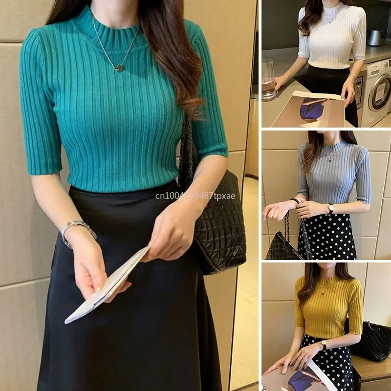 Fall Kórejský štýl Dámske svetre Slid Color Slim Fit Half Ruckve pletené pulloverové skoky Basic Womantshirt Tričko Tričko Tričko