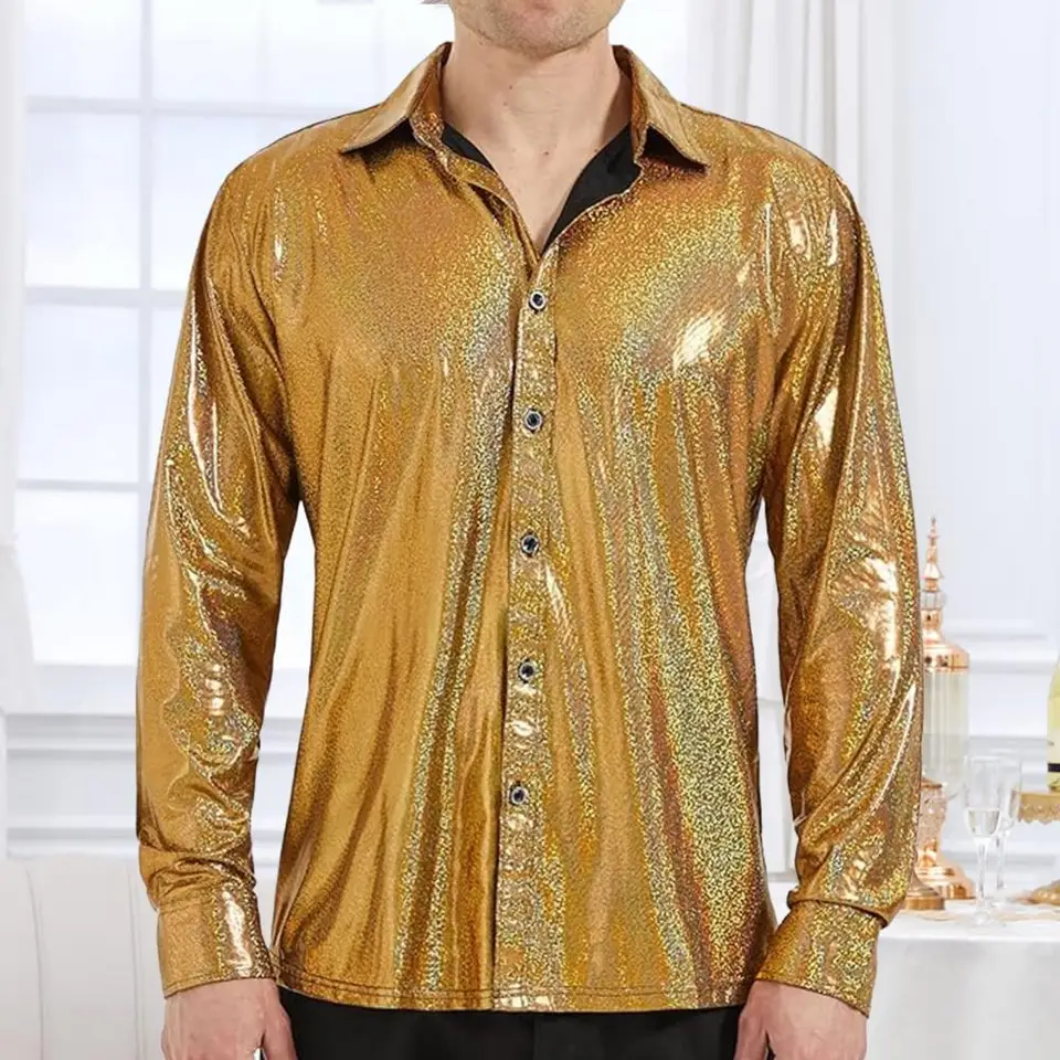 Fall Men tričko lesklý lesklý povrch klopný povrch s jednovrstvou s dlhými rukávmi Loose Golden Party Tirt Show Men Evening Wear Top