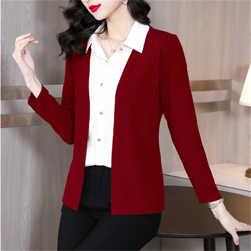 Falošné dva kusy blúzky pre dámske košele Elegantné ženské ženské top laple s dlhým rukávom tričko Mardigan blous gombíka Up Woman Clothes košeľa