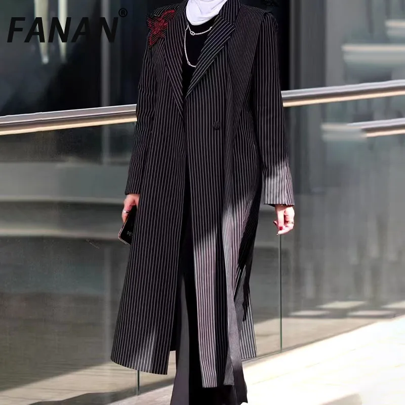 Fanan Striped Patchwork Nepravidelná priekopa Dámska Ruka vyrábaná kvetina dlhá oblek 2025 Spring Autumn New Streetwear Coats