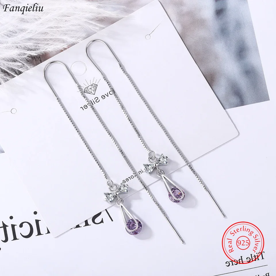 Fanqieliu Solid 925 Sterling Silver Elegant Crystal Bow Long Drop náušnice pre ženy Trendy šperky nové FQL21462