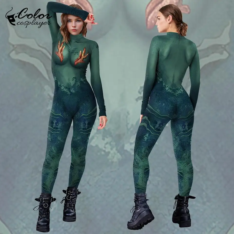Farebná cosplayer tmavo zelená kombinéza žien BodySuit s dlhým rukávom Catsuit Halloween Cosplay kostým luxusný dospelý zentai outfit