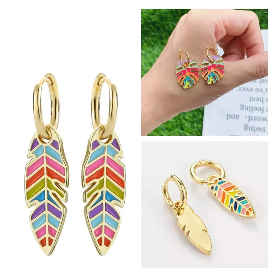 Farebná smaltovaná rastlina veľký list visí pre ženy boho dlhé perie Drop Vyhlásenie módne šperky prívesky
