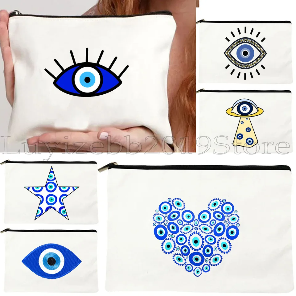 Farebné modré zlé oči kúzlo nazar amulet láska srdce grécko boho mandala plátno Canvas kozmetický make -up taška ceruzka zips zips