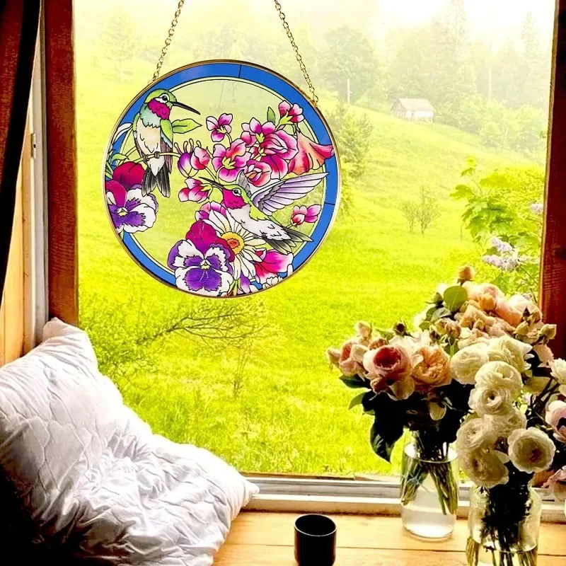 Farebné sklo Suncatcher Kardinál Hummingbird Kingfisher Double Side Acryl Panel Okno zavesenie dekor Ornament Bird Lover Darček