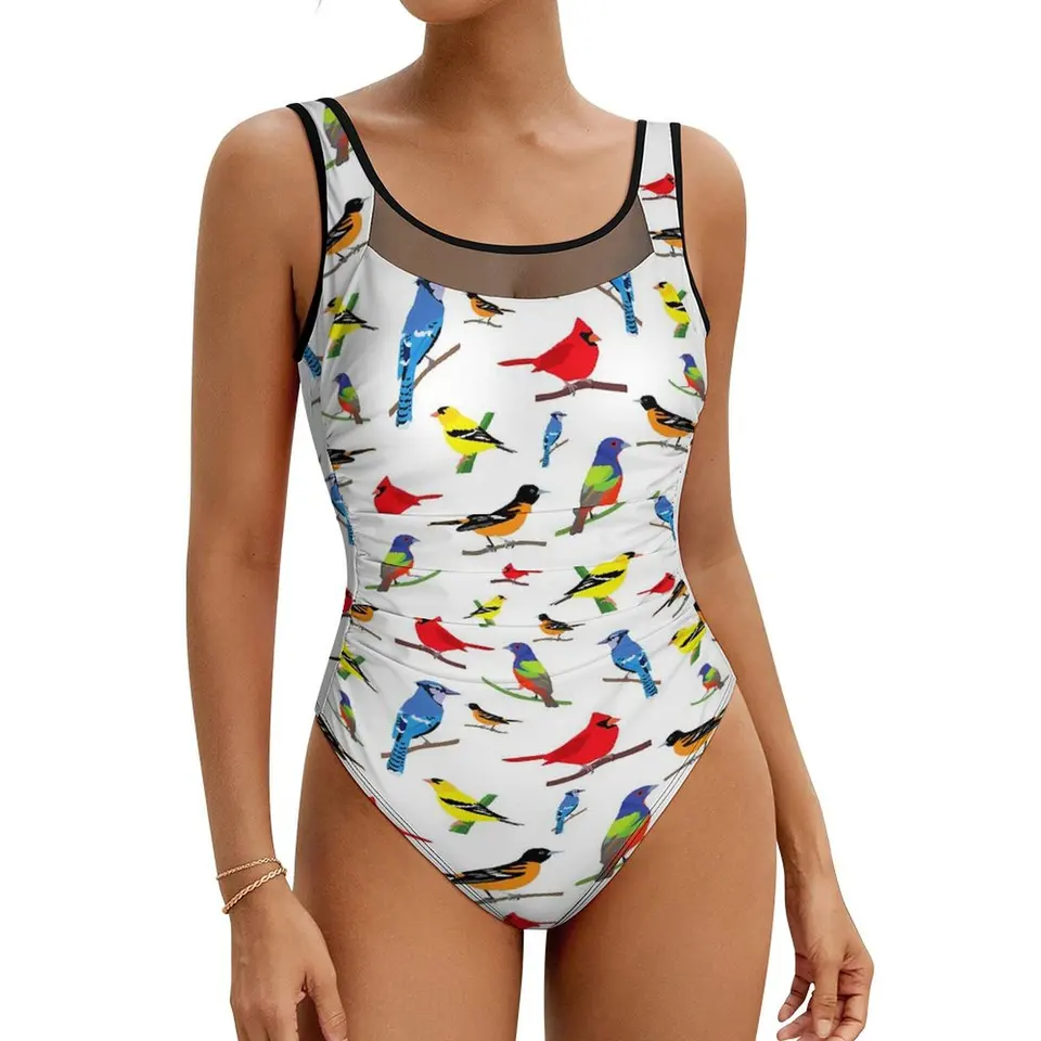 Farebné vtáčie plavky North American Birds plavky na jeden kus dovolenkových plaviek vystrihnuté Monokini Push Up Sexy Beach Wear