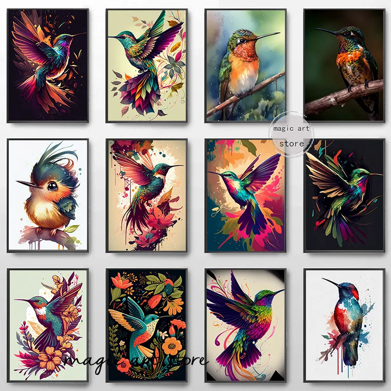 Farebný akvarenčný štýl lietajúce kolibríky Kid Bird Flowers Art plagát plagát maľba nástenné výtlačky Obrázok pre miestnosť domov