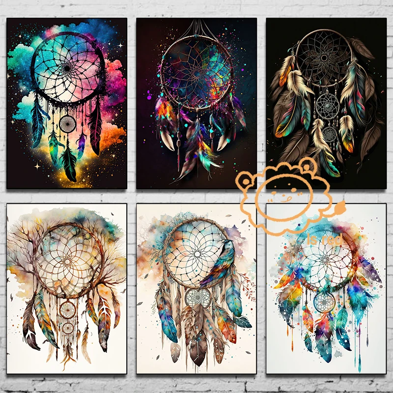 Farebný Dreamcatcher plagát Dreamcatcher sieť Čierne a biele plátno tlač pre domácu izbu stena dekorácia bezrámový maľba
