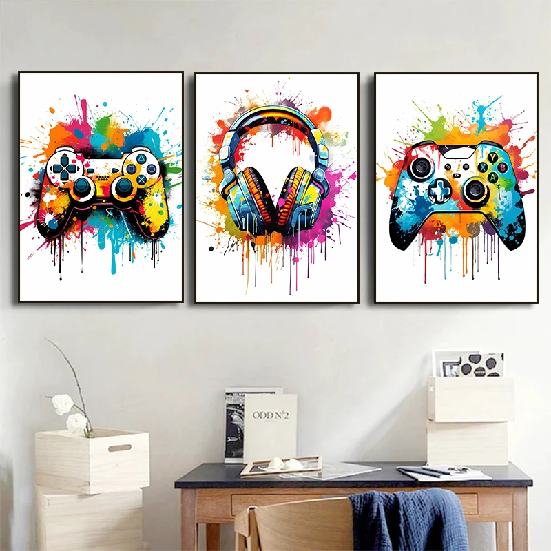 Farebný herný ovládač slúchadlá plátno maľba graffiti herný plagát tlač pre hierku pre gamer