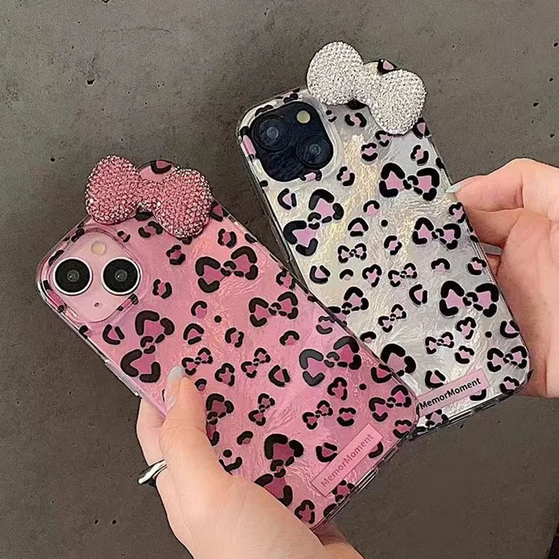 Farebný leopardový diamantový lukový lesklý obal na obaly na obaly pre Samsung Galaxy A05S A15 A25 A35 A55 A06 A16 A35 A52 A13 A54 A23