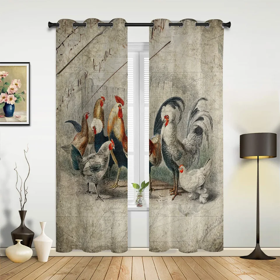 Farma Rooster Chicken Retro Illustration okenné závesy Domáce dekorácie obývacia izba závesy detská izba Cortinas for Kitchen spálňa