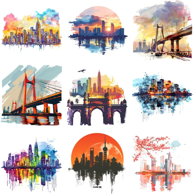 Fashion City Scenéria Watercolor Paint Patch pre odevy Transfer prenos nálepky železo na vinyle pre oblečenie Sunrise a Sunset