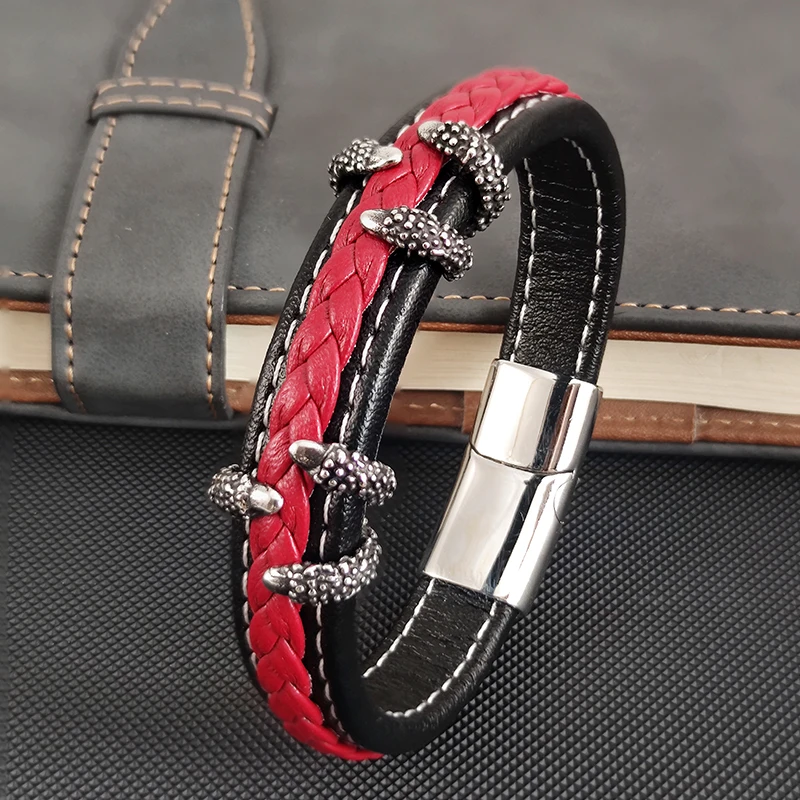 Fashion Eagle Claw Červená ručne tkaná kožená náramok z nehrdzavejúce