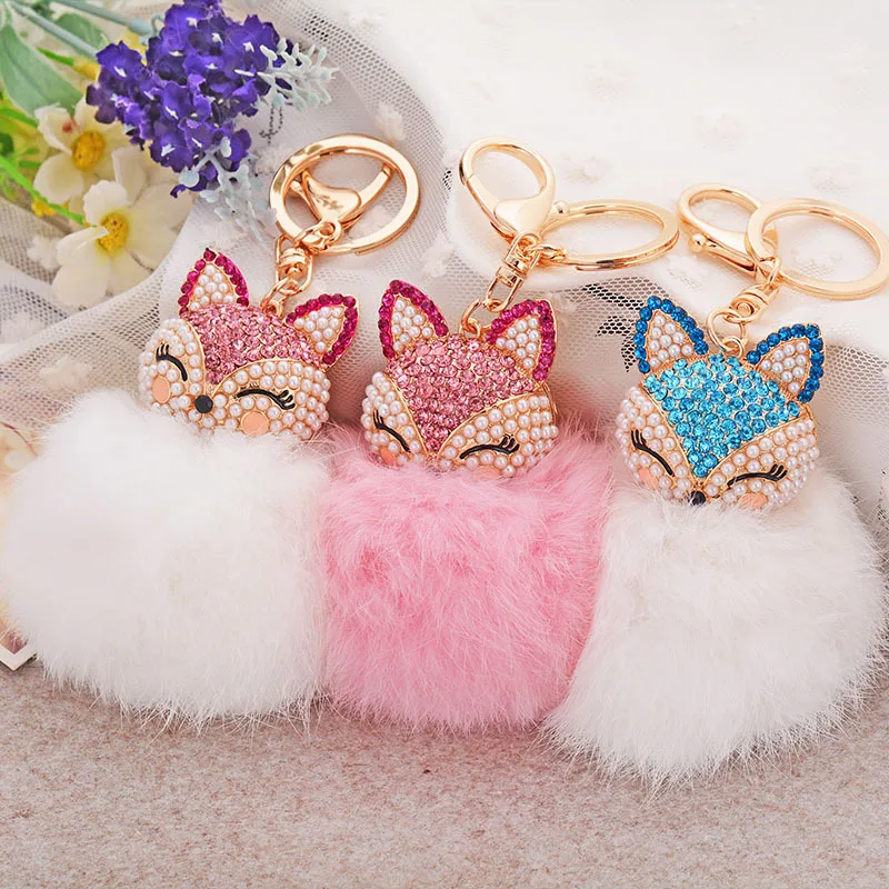 Fashion Fox Faux Rabbit Fur Fur zliatina Crystal Fine Keychain Bag Ozdoby