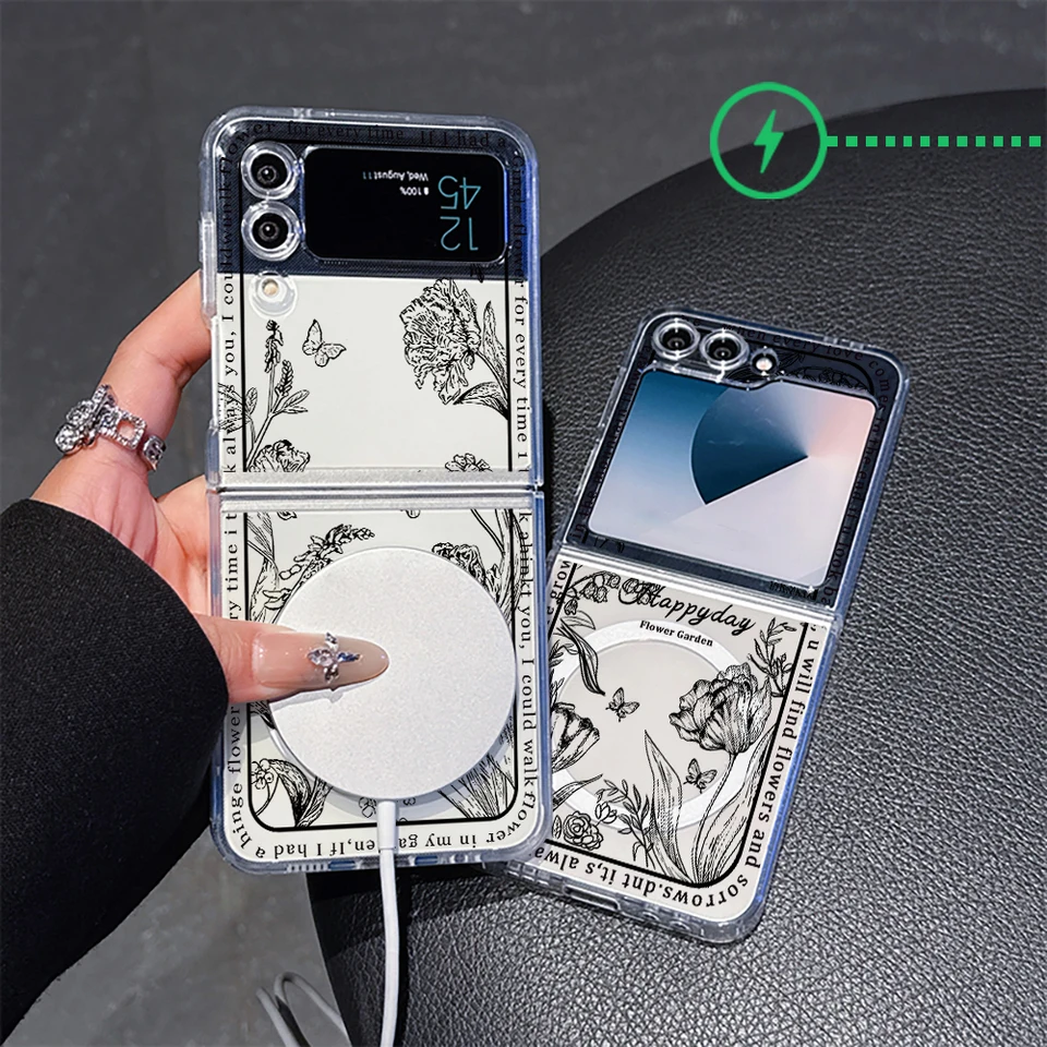 Fashion Ins Flowers Wireless Nabíjanie pre puzdro magnetického telefónu Magsafe pre Samsung Galaxy Z Flip 6 5 Zflip 4 3 Flip6 Flip5 5G Cover