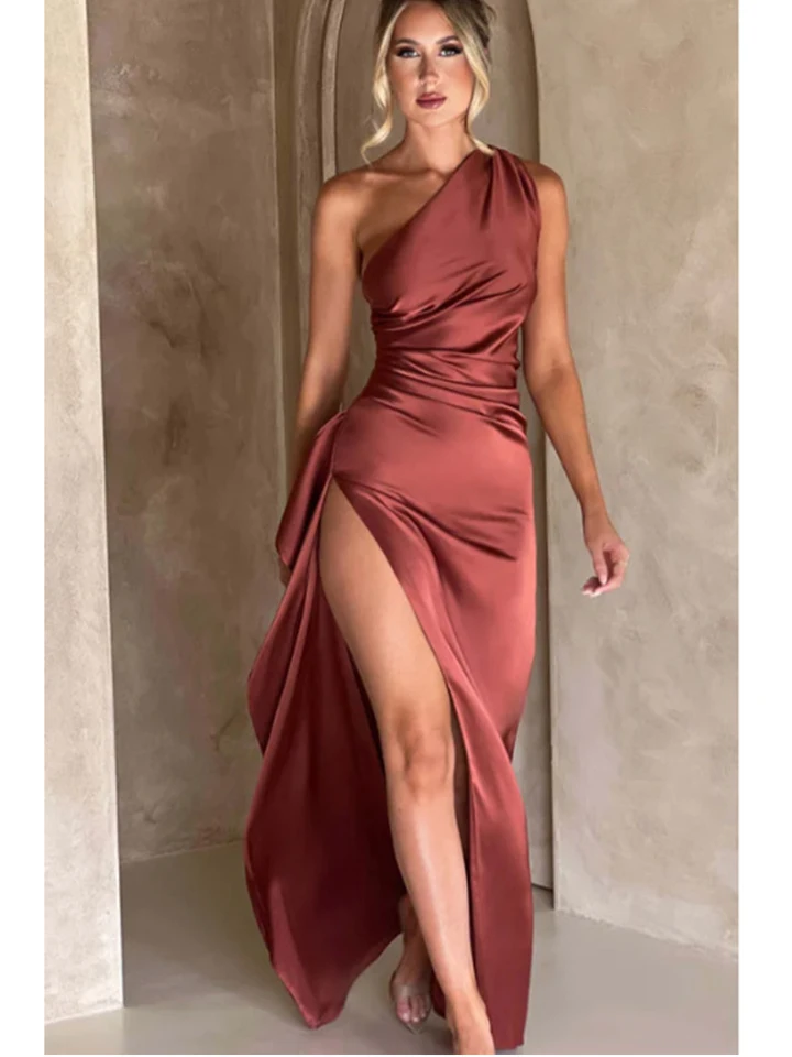 Fashion leto dámske jednostranné skladané saténové šaty sexy štíhle fit elegantné večierky dlhé šaty pre ženy