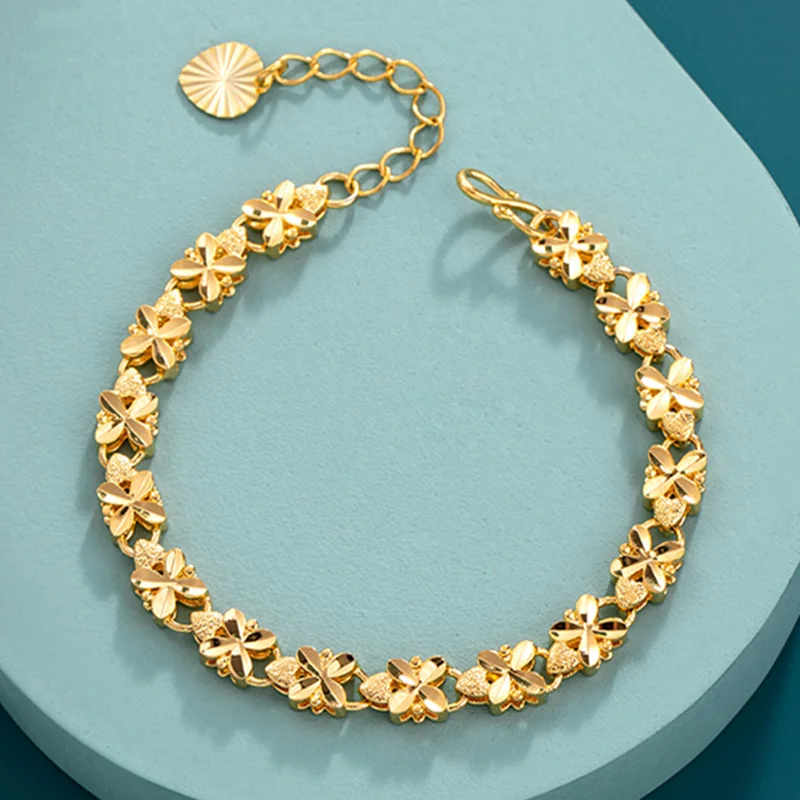Fashion Lucky 24k Gold Color Náramok 6 mm štvorlístok Clover Gold Catmelet, ktorý je vhodný pre darčeky dámskych šperkov